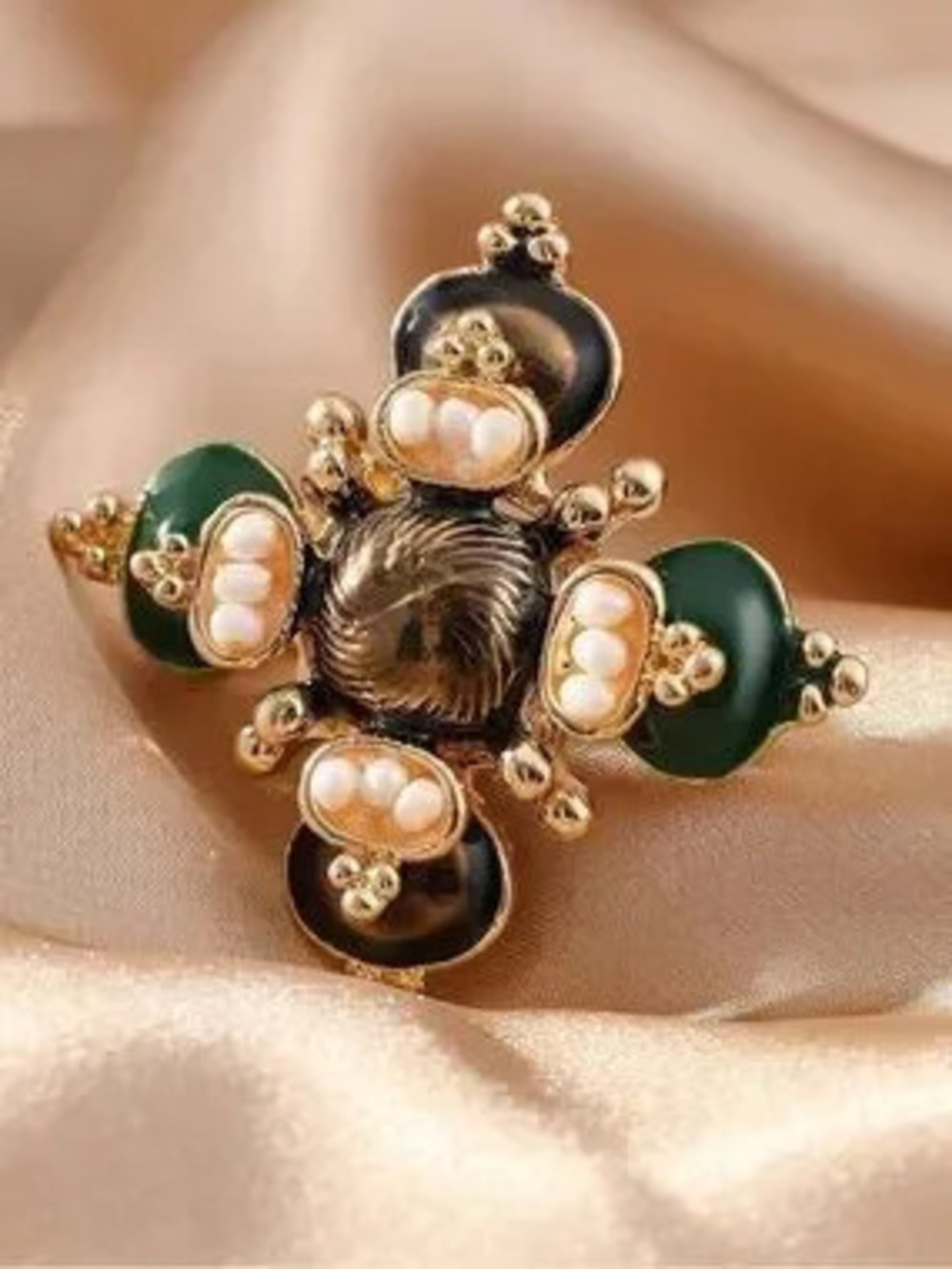 Anthropologie Gold-Tone Ring with Green, Black & Pearl Accents